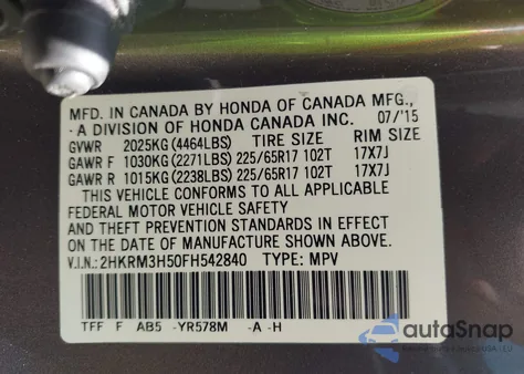 2015 Honda Cr-V Ex from USA, damaged, VIN 2HKRM3H50FH542840